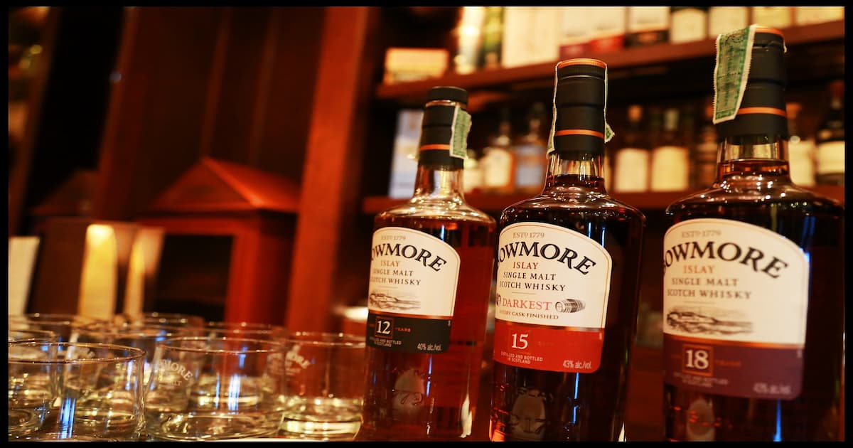 Bottles of Bowmore single malt whisky